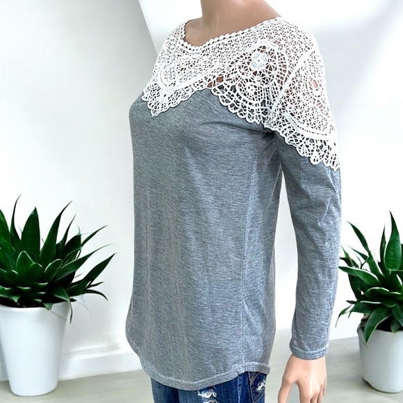 Heather Gray Plain Lace Long Sleeve Crew Neck T-Shirt - Picture 10 of 16
